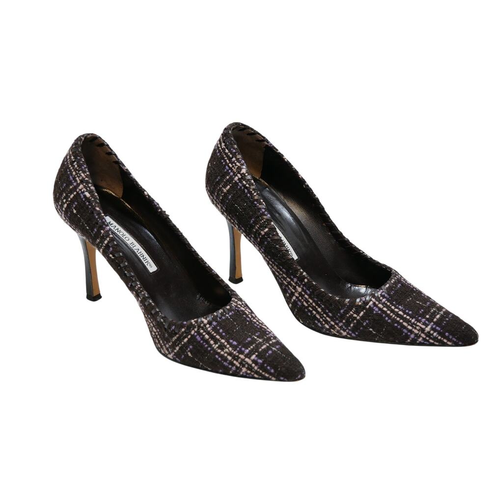 Manolo Blahnik Verila Italy BB Tweed Pump Heel Dark Brown Pink Purple Box 38 7.5